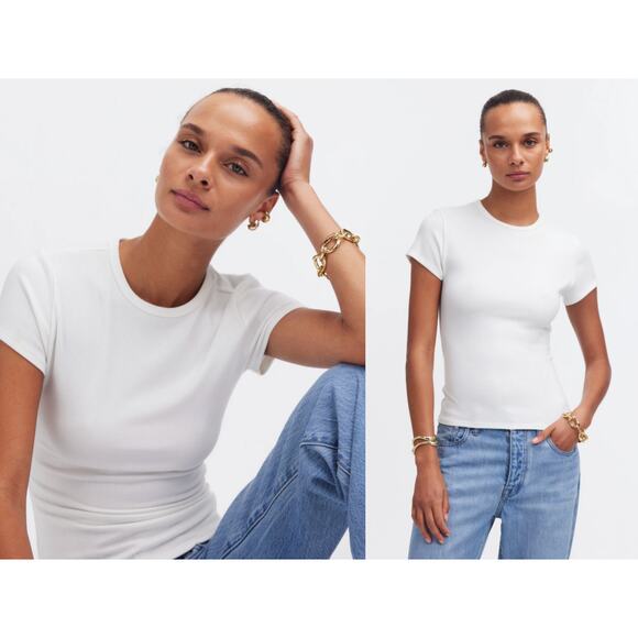 Madewell | NWT | Drapey Rib Tee in Eyelet White | Sz XXS - Picture 1 of 9